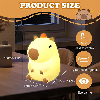 Dog-shaped night light with product size details on a table