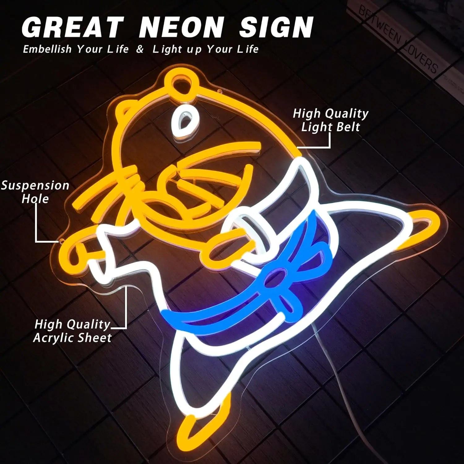 Neon sign with labels highlighting features on a dark background