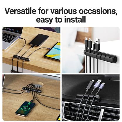 Black five slot cord holder stuck to a desk