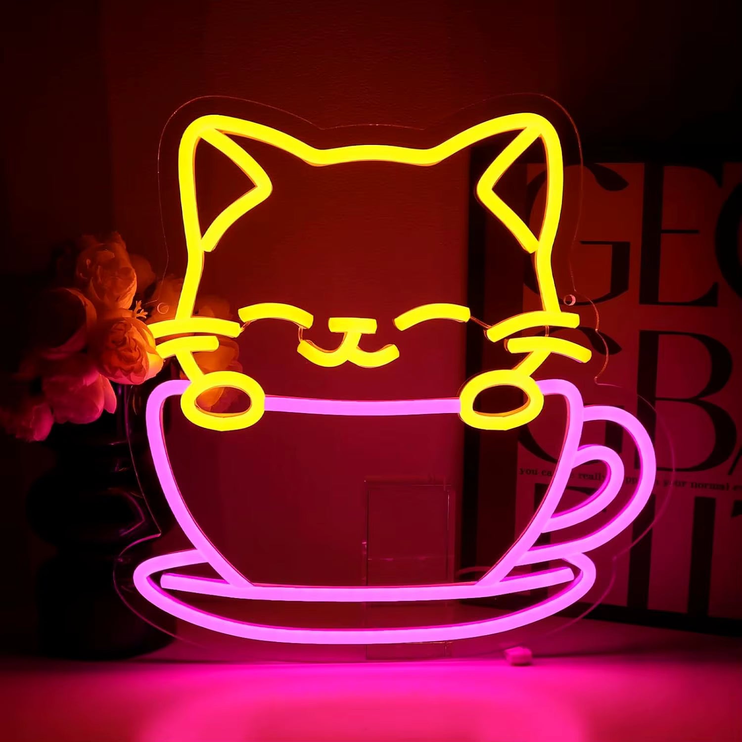 Cat coffee neon light glowing in cafe decor