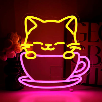 Cat coffee neon light glowing in cafe decor