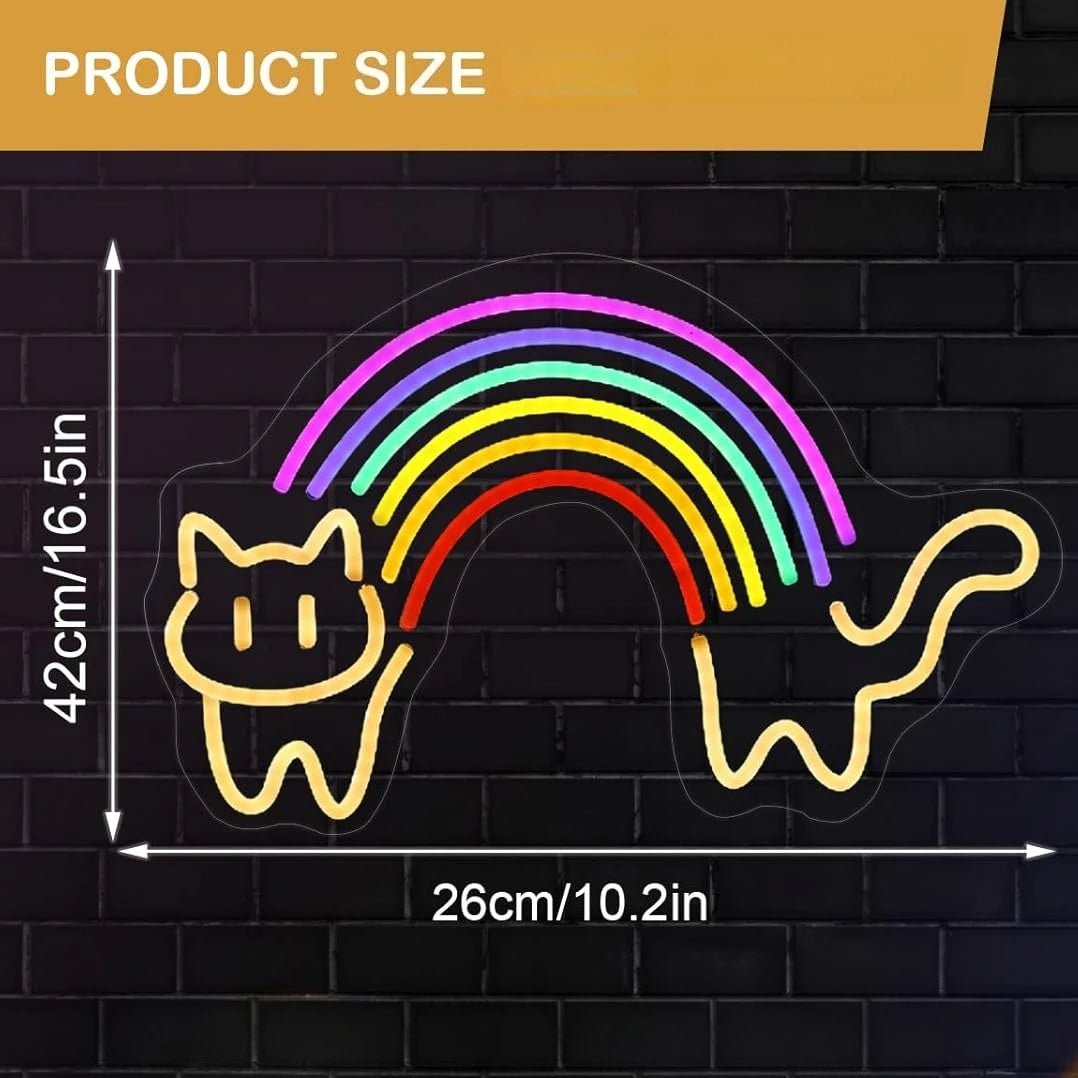 Neon sign of a cat with a rainbow on a black brick wall background