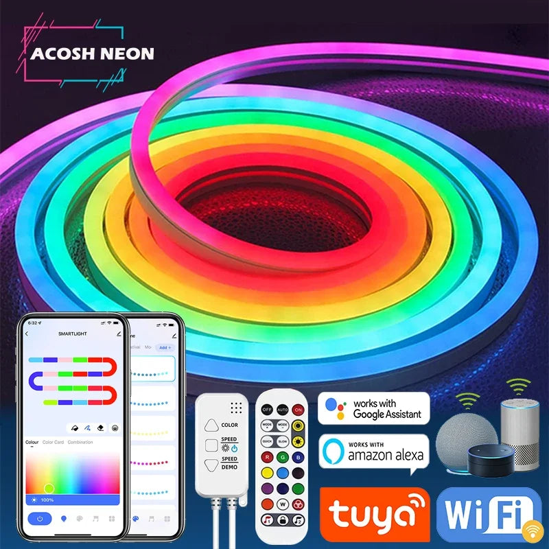 Neon LED strip lights in silicone glowing along a bedroom wall