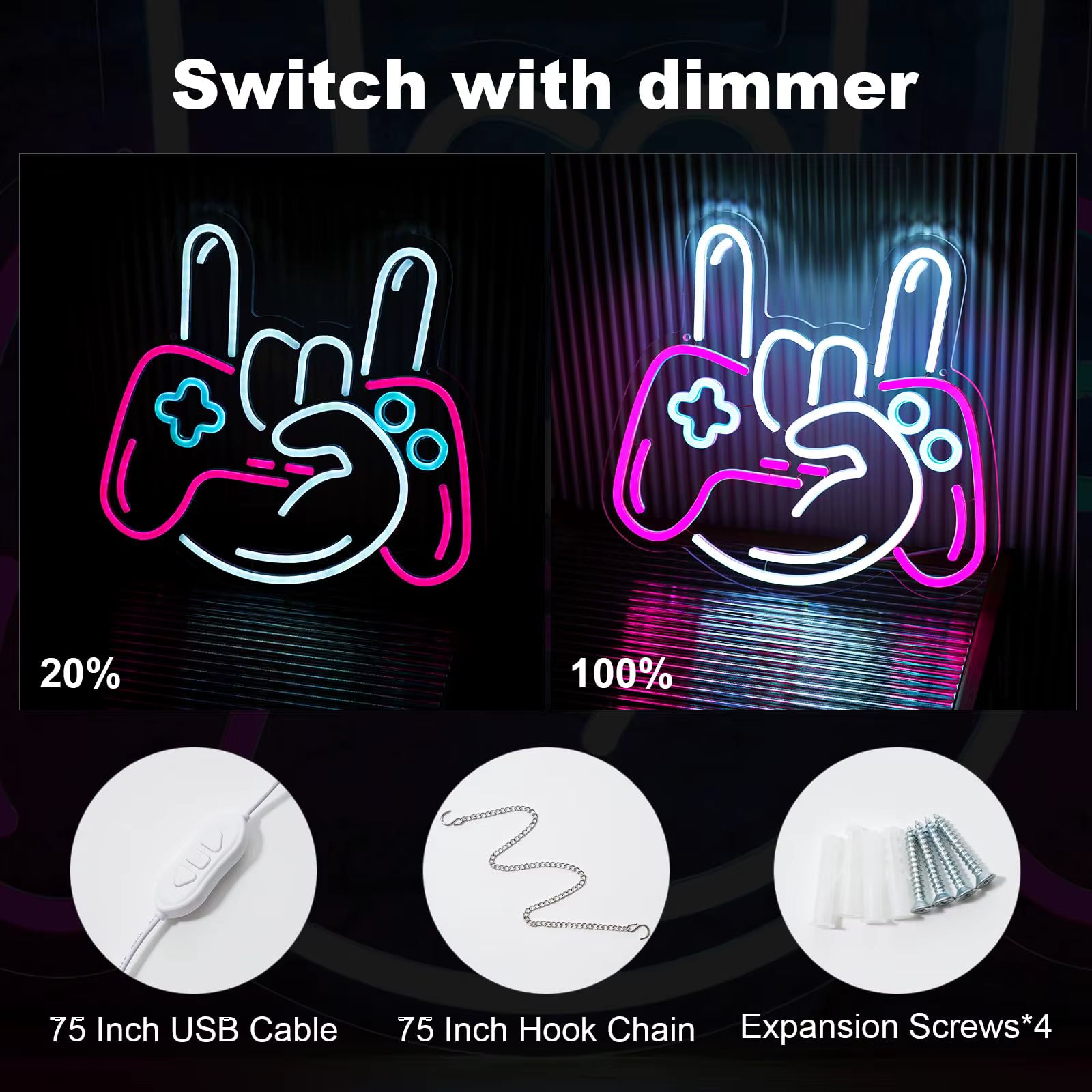 USB powered gamer controller neon wall light installation