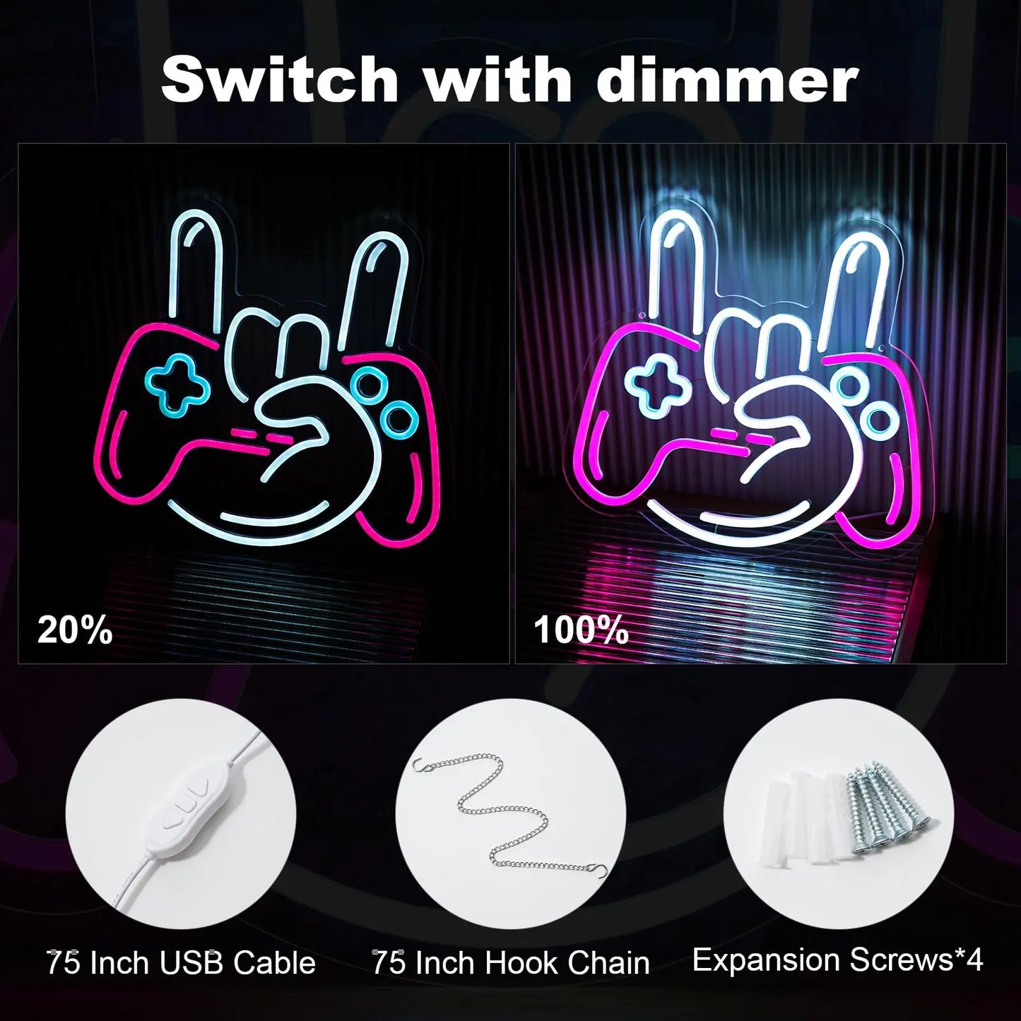 Neon sign of a gaming controller with dimmer control, showing 20% and 100% brightness levels.