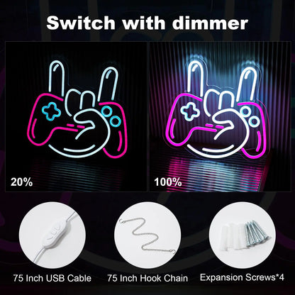 Neon sign of a gaming controller with dimmer control, showing 20% and 100% brightness levels.