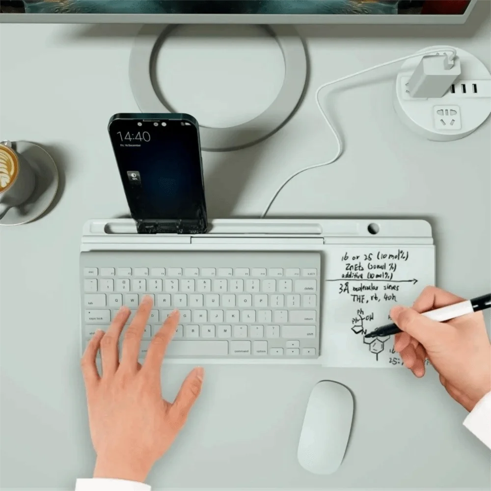 Pen tray along the top edge of the glass whiteboard
