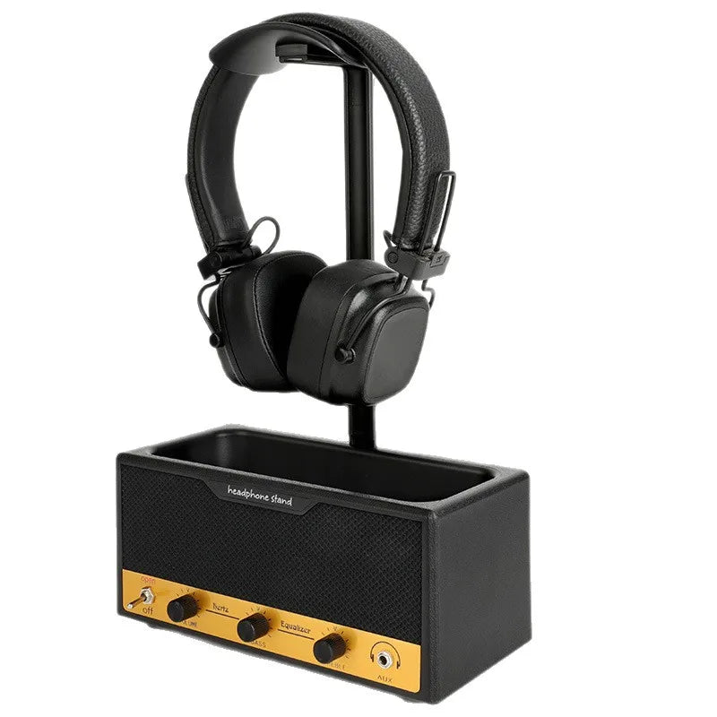 Wide black headphone stand with a full support bar, view 7