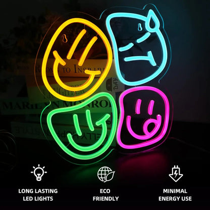 Neon signs in the shapes of a smiley face, peace sign, and heart with text indicating features on a dark background.