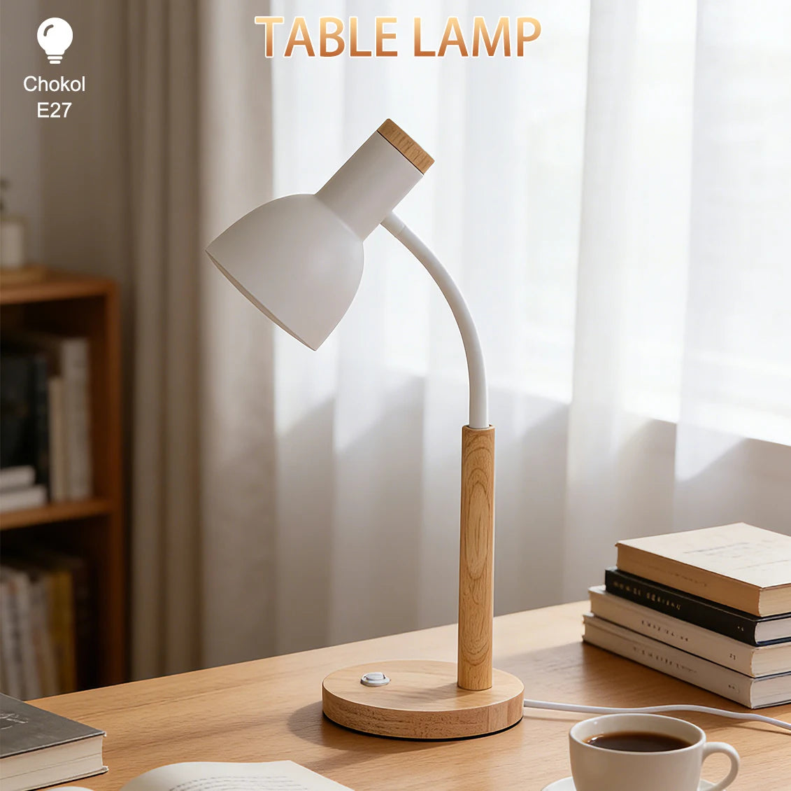 E27 desk lamp with wooden base lit on a study desk