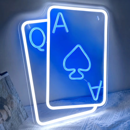 Playing cards neon sign blue white LED wall decor