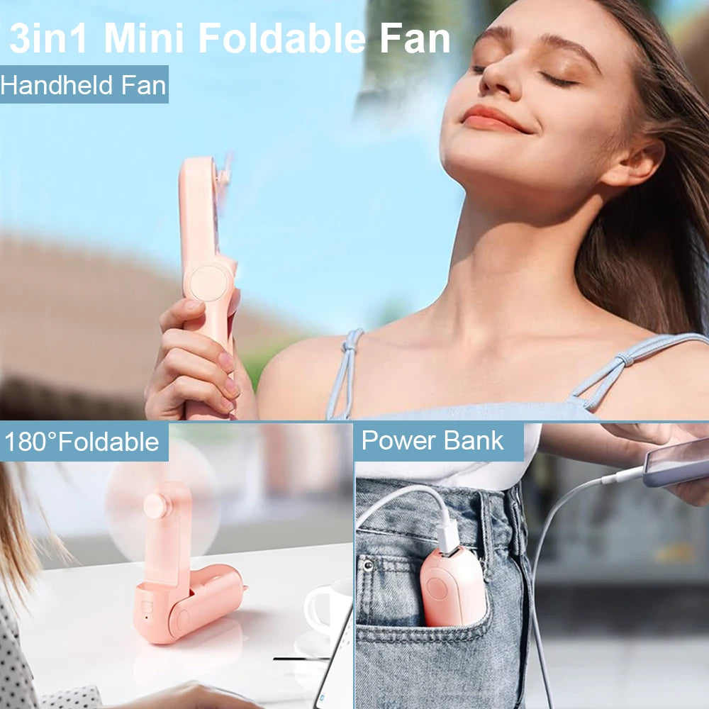 3-in-1 mini foldable fan with power bank feature, shown in use and folded.