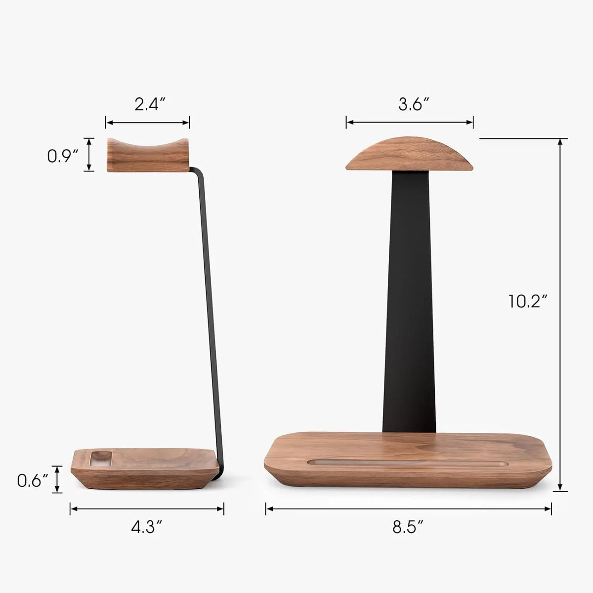 Wooden headphone stand with an aluminium stem and a storage base, view 6