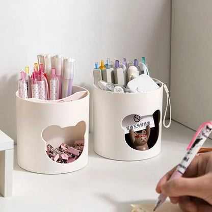 Round plastic pen holder with a small bear design