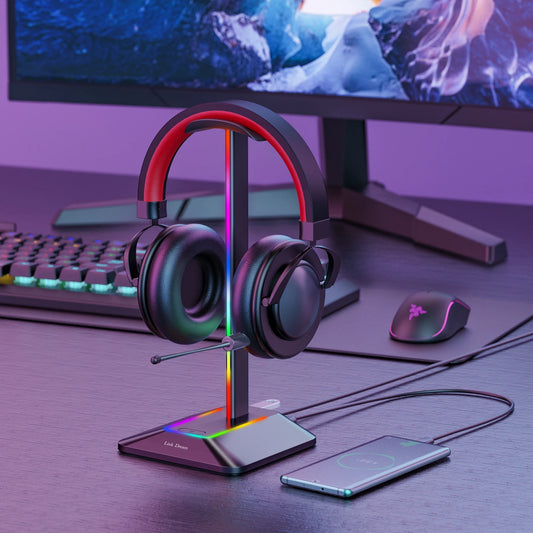 RGB lit headphone stand with two USB ports