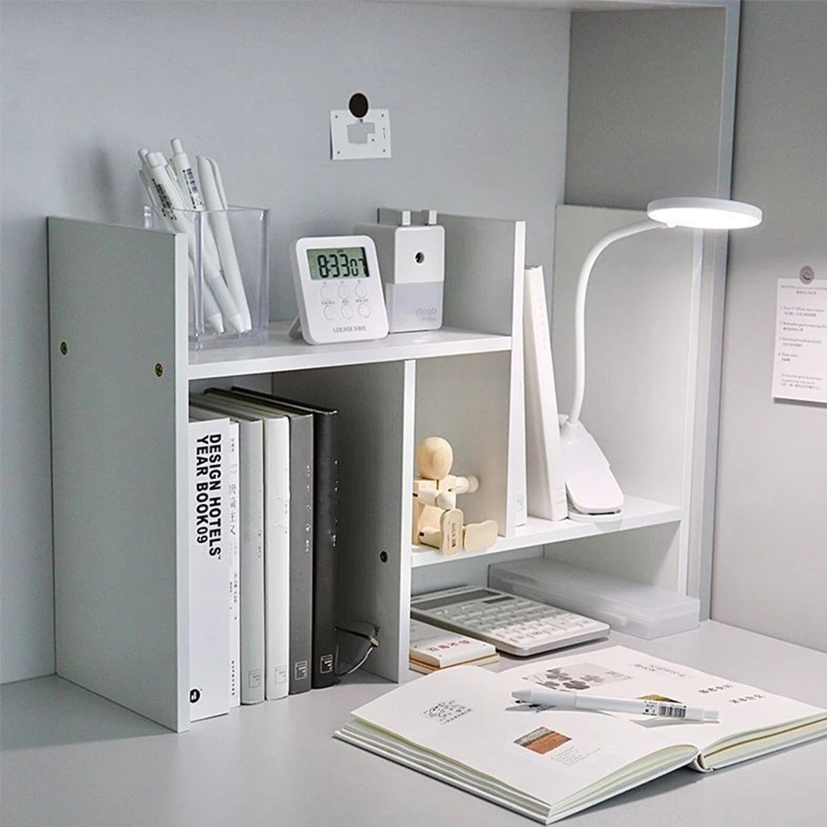 White adjustable desk bookshelf, expandable multi tier, view 8