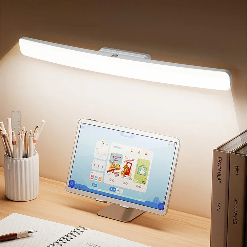 Rechargeable magnetic desk lamp showing stepless dimming controls and rotatable touch buttons