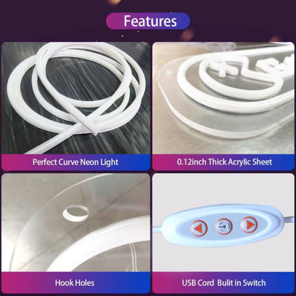 Features of a neon light product including curve design, thickness, hook holes, and USB control.