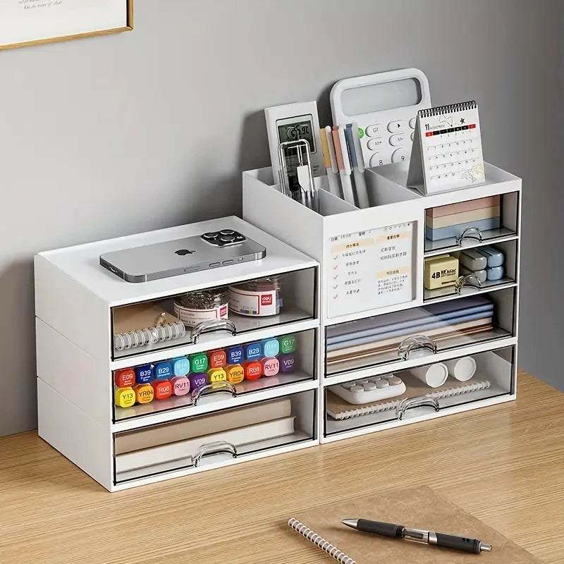 Plastic pen holder with drawers, desktop stationery organiser, view 4