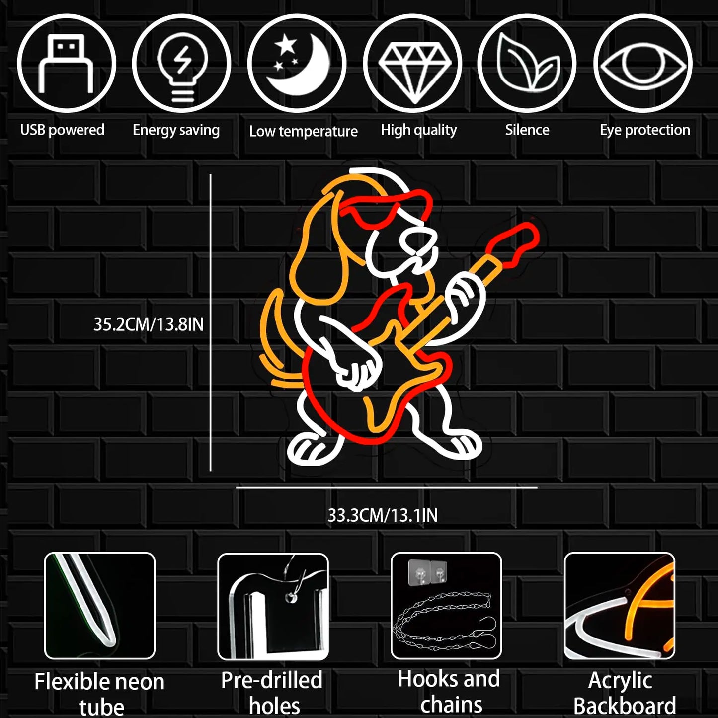 Neon sign of a dog playing guitar with features listed on a black brick background