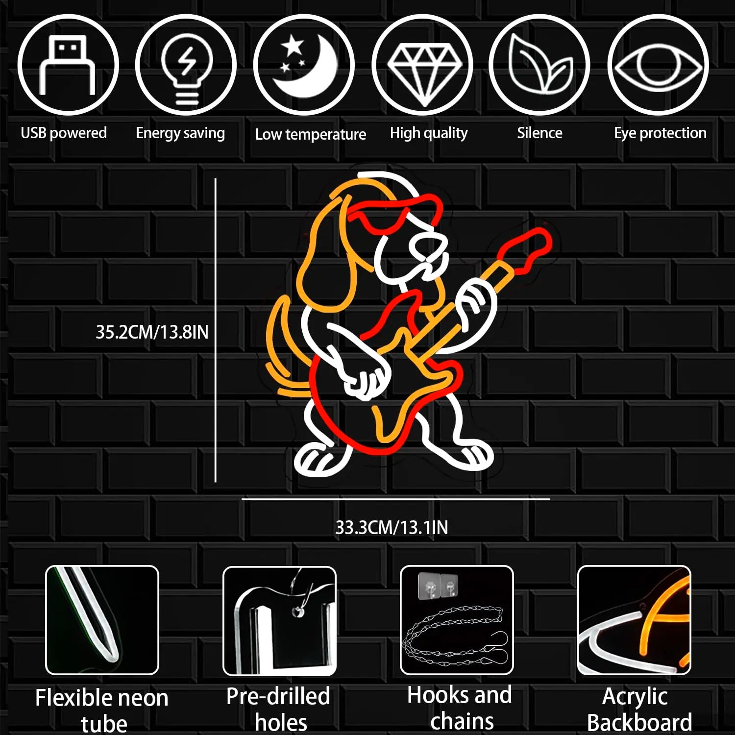 Neon sign of a dog playing guitar with features listed on a black brick background
