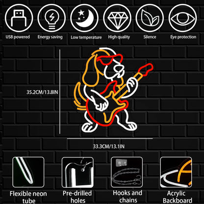 Neon sign of a dog playing guitar with features listed on a black brick background