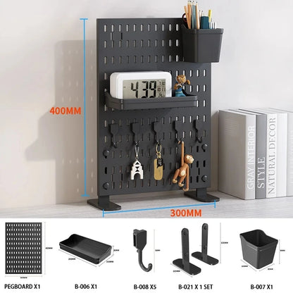 Pegboard shelf holding a notebook upright