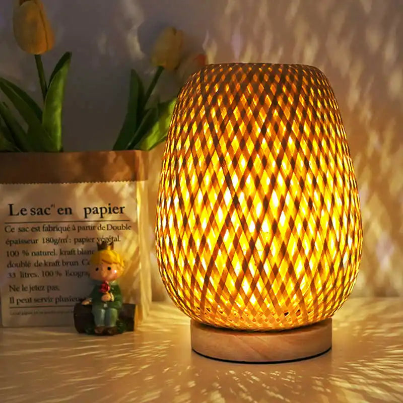 Rattan lamp throwing a woven pattern up onto the ceiling