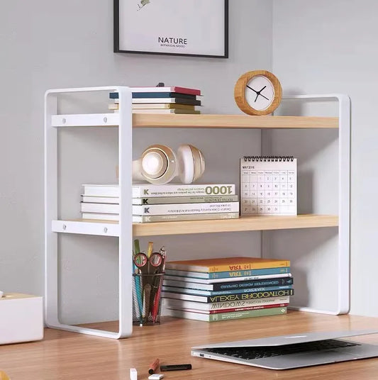 Wood and steel desk shelf, desktop bookcase