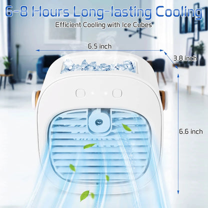 Portable air conditioner with dimensions and cooling features highlighted, set against a blurred indoor background.