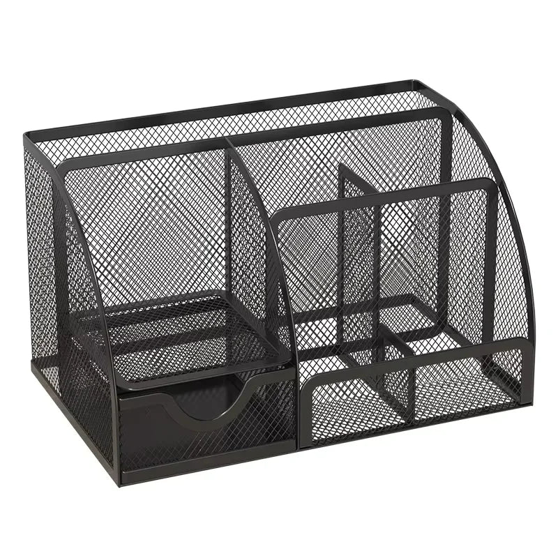 Metal mesh desk organiser with seven compartments and a drawer, view 6