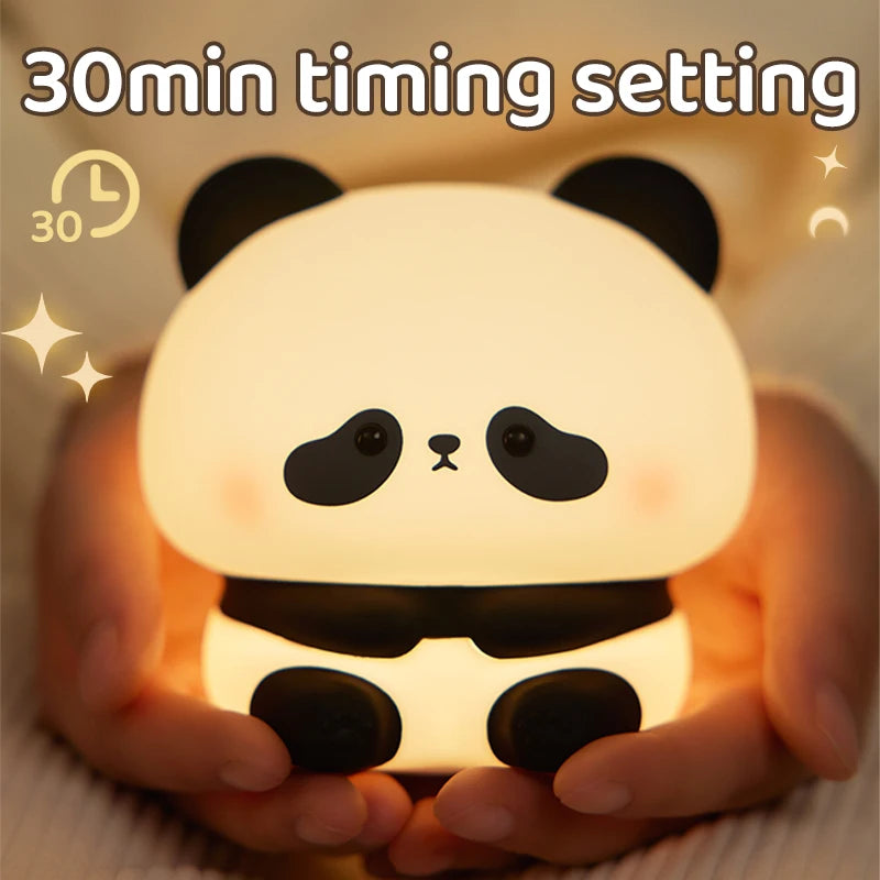 Panda-shaped night light held in hands with '30min timing setting' text above.
