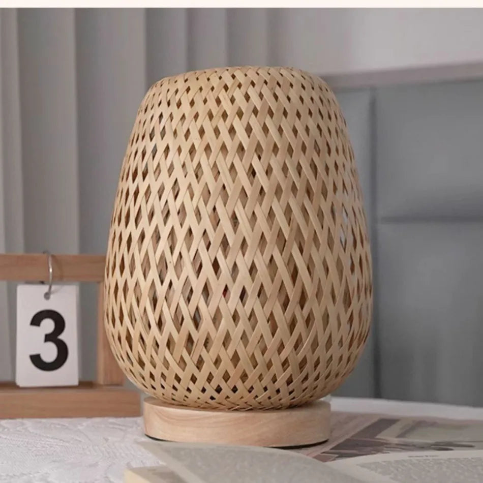 Bamboo woven table light in a rustic living room