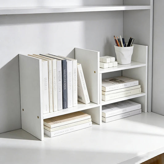 White adjustable desk bookshelf, expandable multi tier
