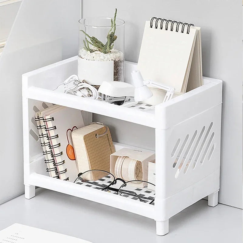 Double layer storage rack in pink, blue or white plastic