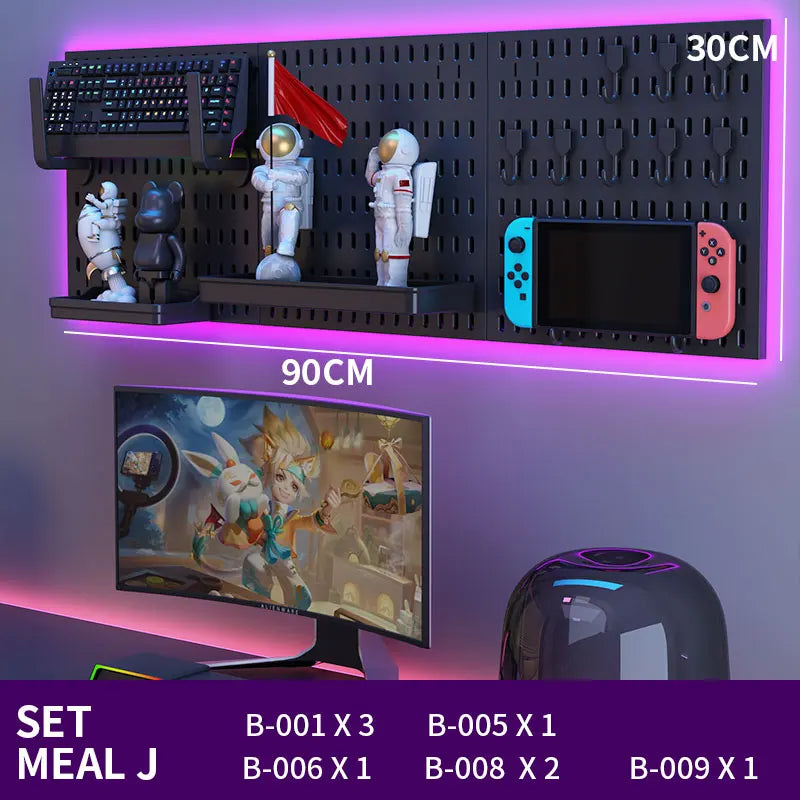 Black gaming pegboard wall organiser with holders, view 33