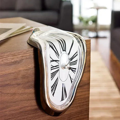 Silver melting clock on the corner of a bookcase