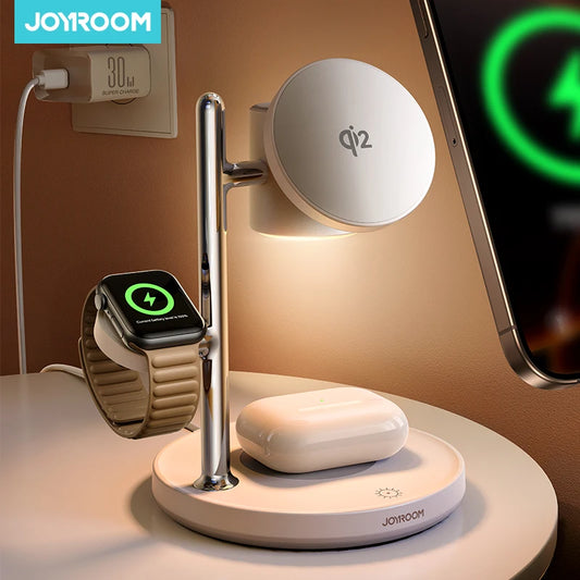 Joyroom Qi2 charging station with a night light in the base