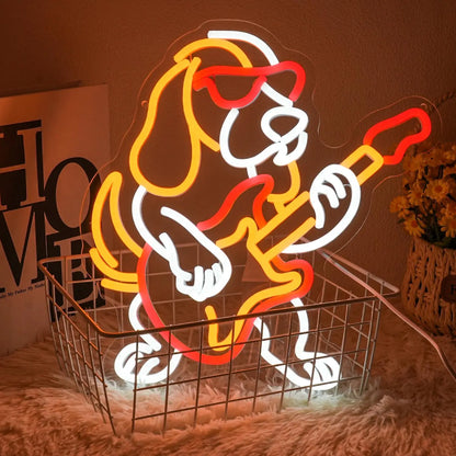 Neon sign of a dog playing guitar on a dark background