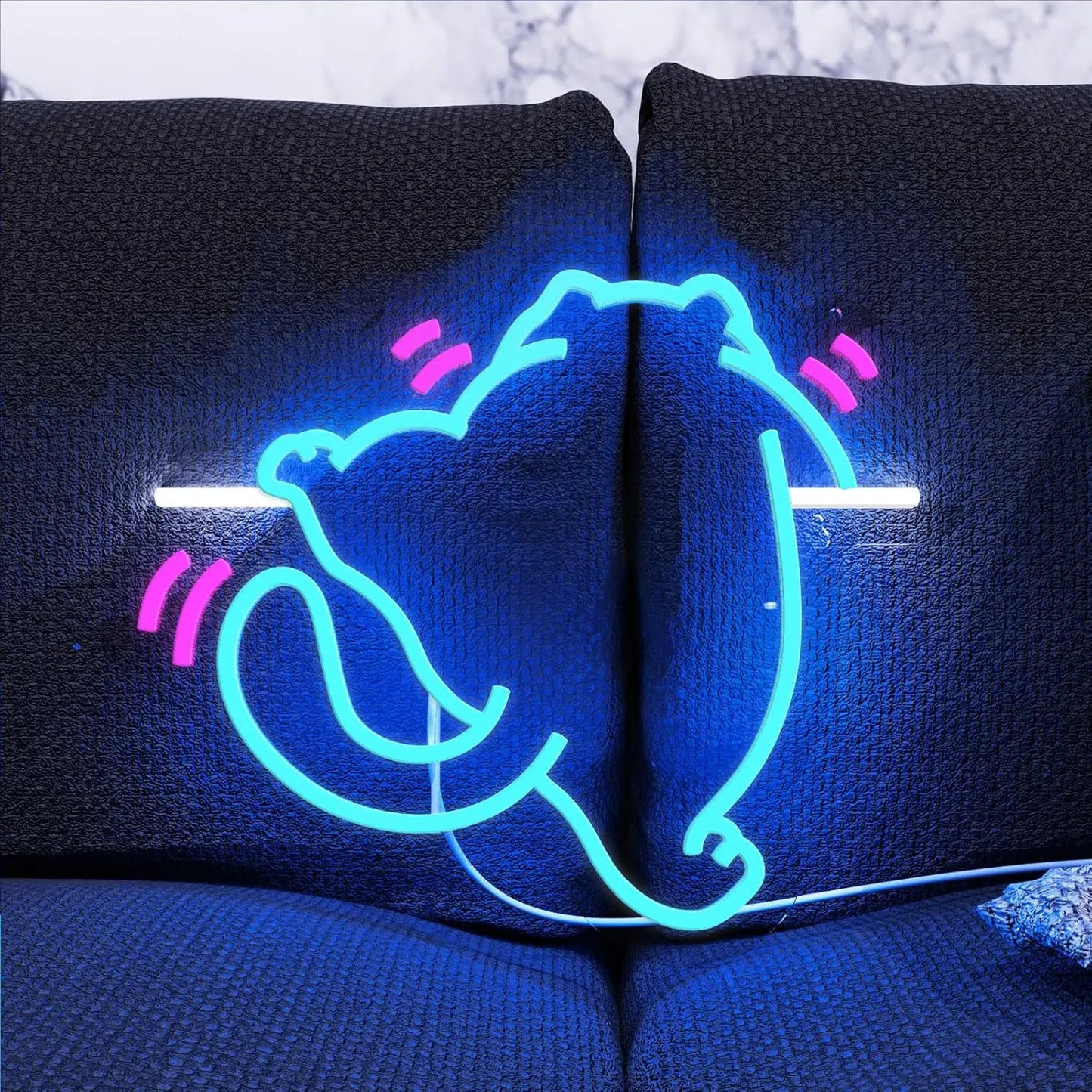 Neon blue design on a black fabric surface with a blue background