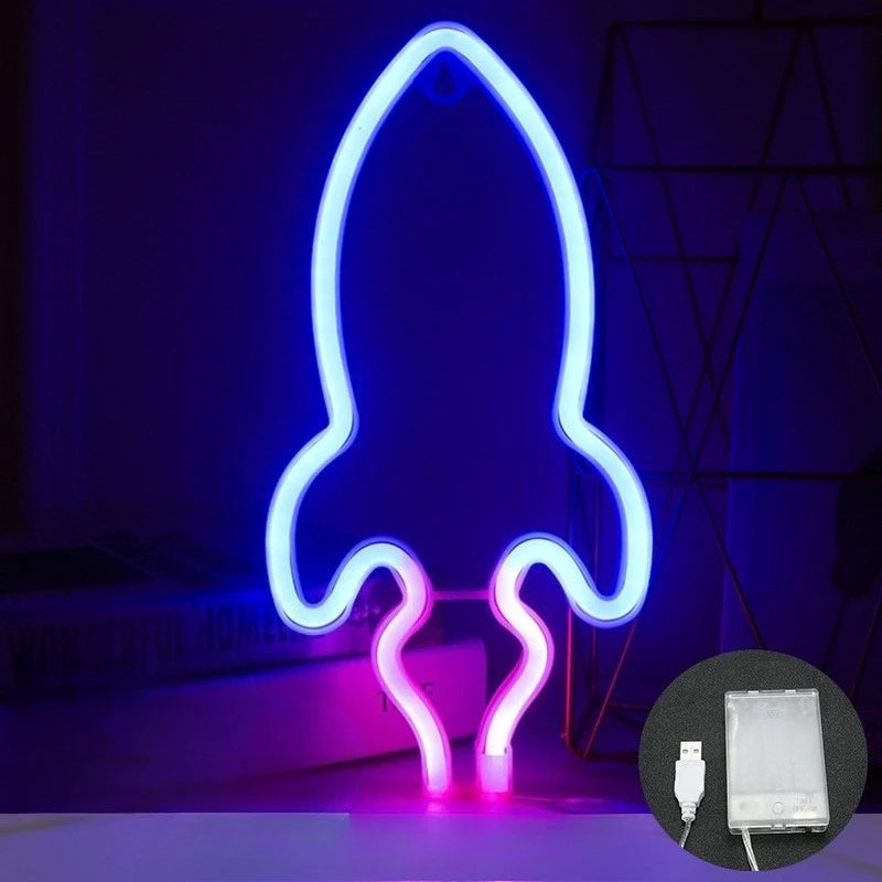 Neon light shaped like a rocket with a power adapter inset on a dark background