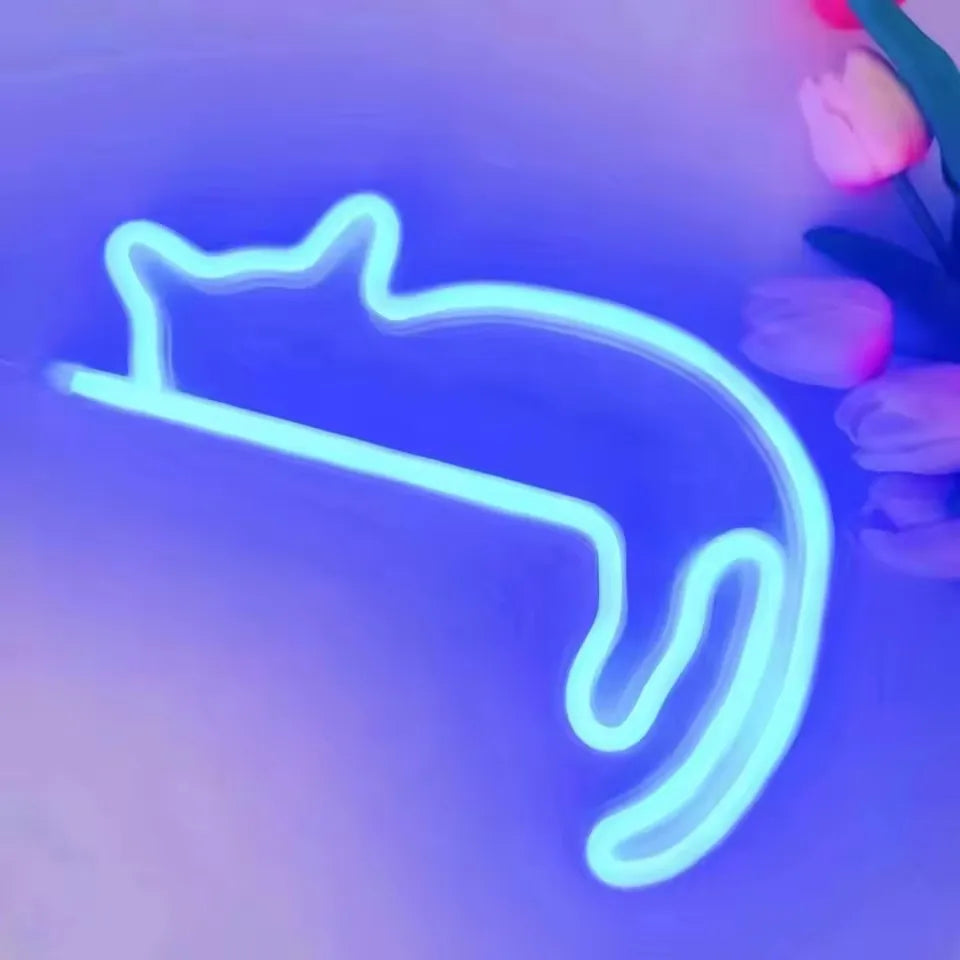 Cute cat neon light in blue color with USB cable included, LED room decoration for cats lovers and party