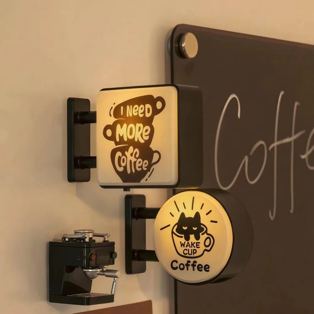Coffee themed fridge sticker on a metal pegboard