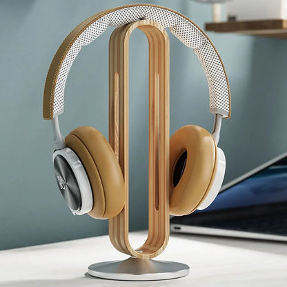 Bamboo wood headphone stand aluminium desktop headset holder