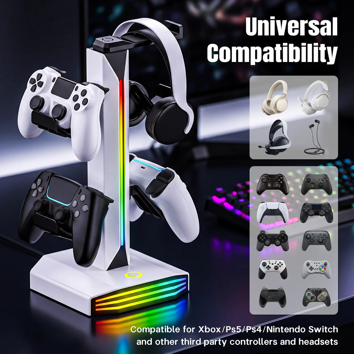 RGB lit controller stand with a headphone rest, view 2