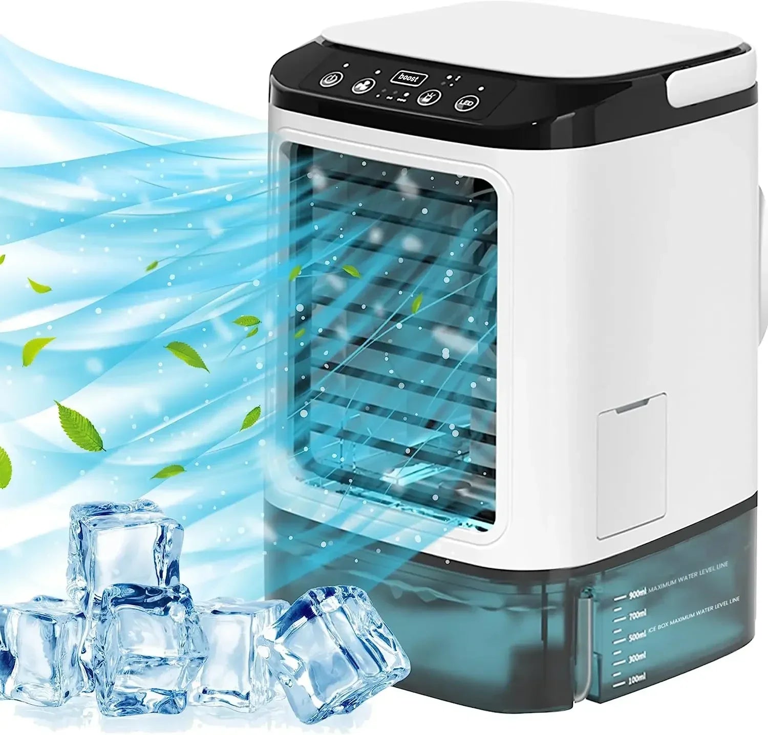 Portable air conditioner with ice cubes and cooling effects on a white background