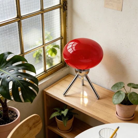 Red glass mushroom lamp glowing on a bedside table