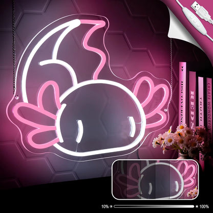 Cute axolotl LED neon light glowing in bedroom