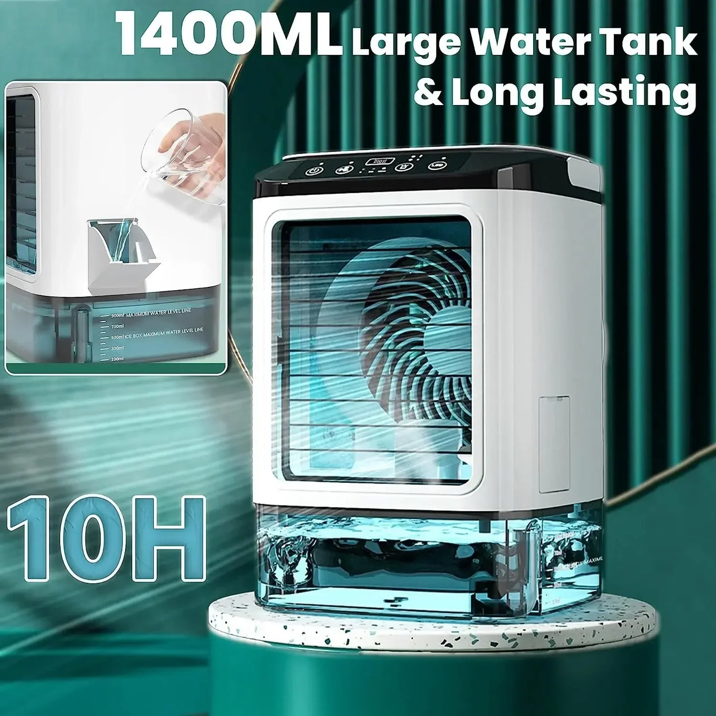Portable air cooler with large water tank and long-lasting feature on a green background
