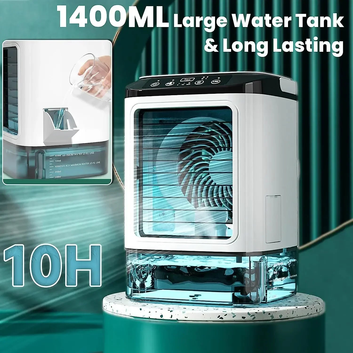 Portable air cooler with large water tank and long-lasting feature on a green background